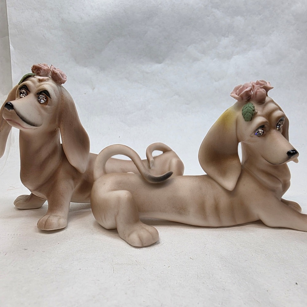 Vtg Dachshund Weiner Dogs Figurines 3213 Rhinestone Eyes Porcelain Roses READ